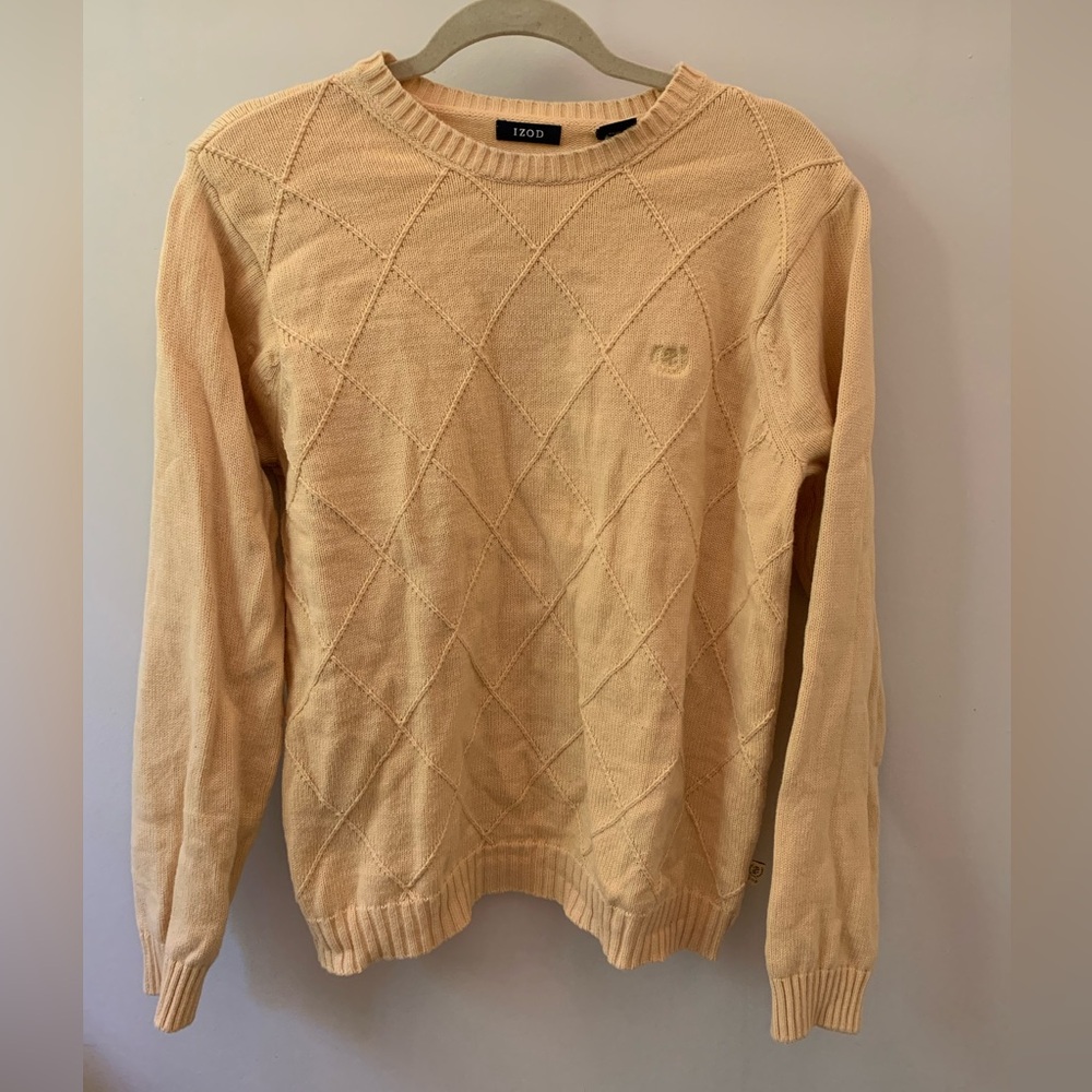IZOD Butter Yellow Diamond Pattern Knit Crewneck Sweater 100% Cotton